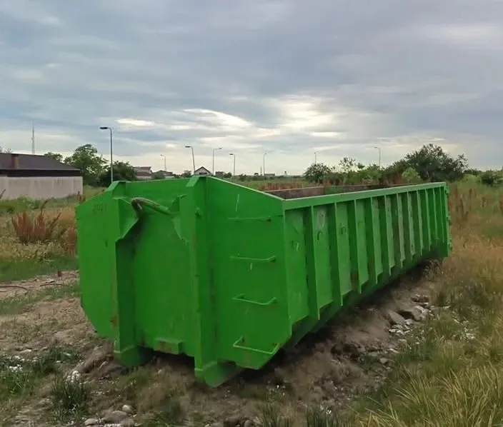 Un container metalic de culoare verde este amplasat pe un teren cu iarbă și pământ sub un cer înnorat.