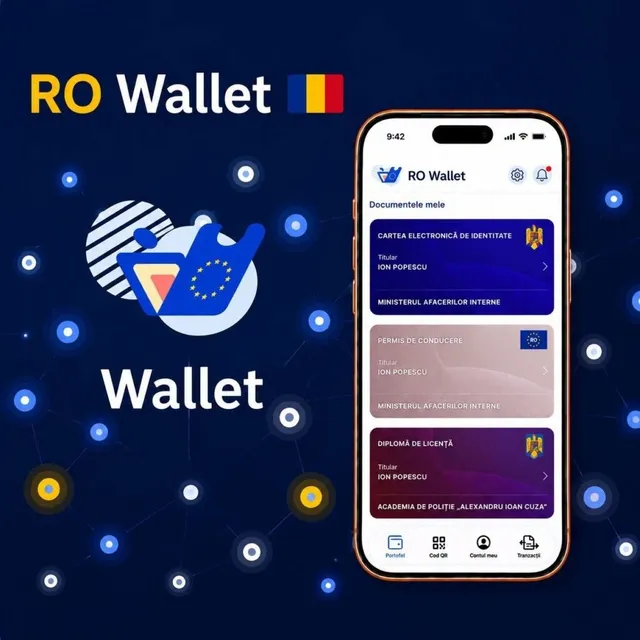 Un smartphone afișează o interfață de aplicație cu documente digitale pe un fundal albastru cu elemente grafice circulare și textul RO Wallet.