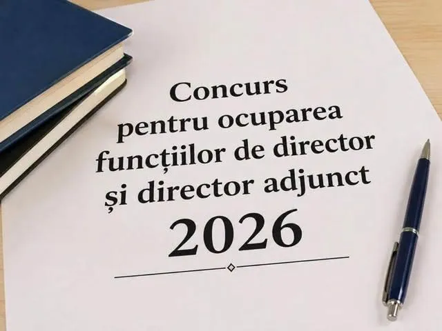 Un document alb cu text negru, un stilou albastru și două cărți pe o suprafață de lemn.