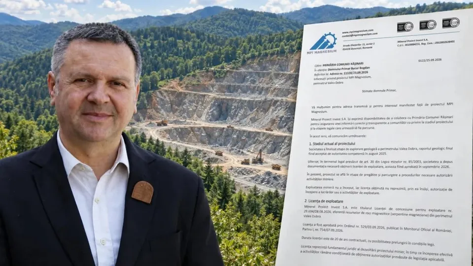 Un bărbat într-un sacou negru și cămașă albă stă în prim-plan, lângă un document alb, având o carieră și munți în fundal.