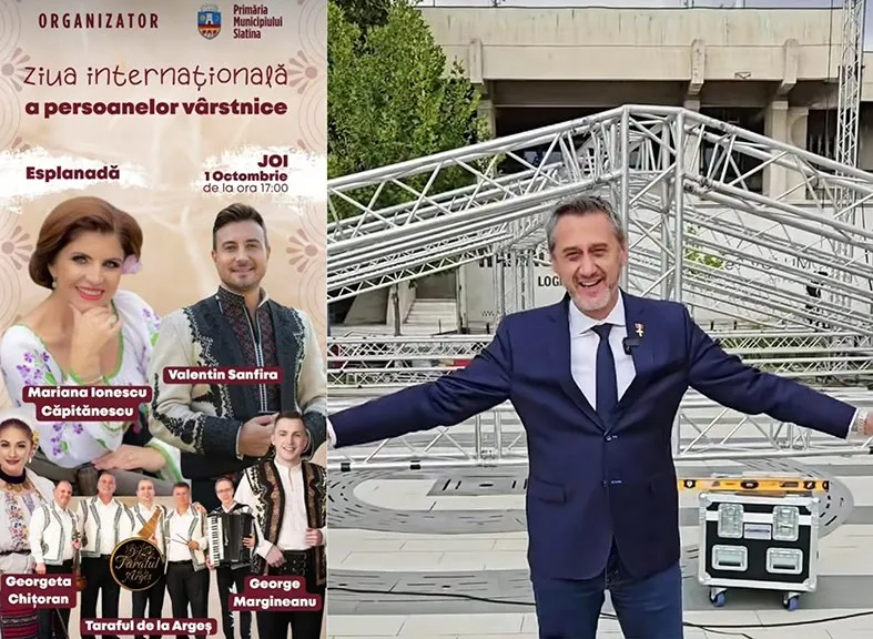Un bărbat într-un costum albastru stă cu brațele întinse în fața unei structuri metalice de tip cadru și a unui recipient de transport pentru echipament.