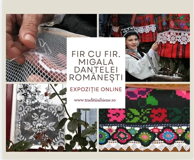 Un colaj prezintă detalii de dantelă albă, o persoană purtând haine tradiționale și un fragment de țesătură colorată cu motive florale.