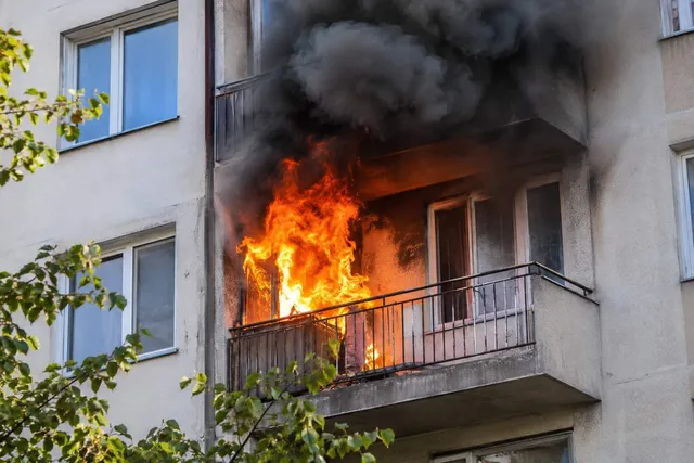 Flăcări mari și fum dens negru ies de pe un balcon al unei clădiri de apartamente.