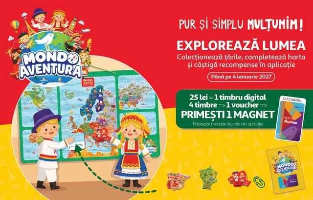 Ilustrație colorată pe fundal roșu și galben prezentând personaje de desene animate, o hartă magnetică și diverse obiecte mici de colecție.