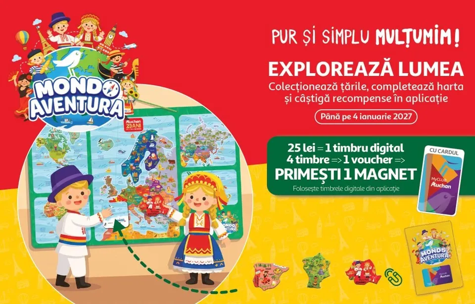 Ilustrație colorată pe fundal roșu și galben prezentând personaje de desene animate, o hartă magnetică și diverse obiecte mici de colecție.