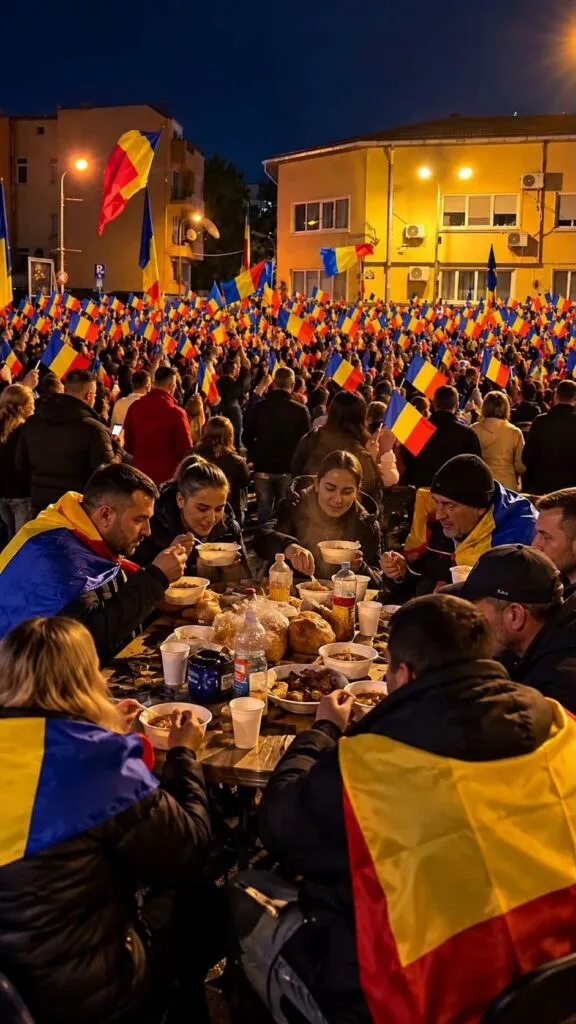 O mulțime de oameni cu steaguri colorate stau la mese în aer liber sub lumina felinarelor, într-o zonă urbană noaptea.