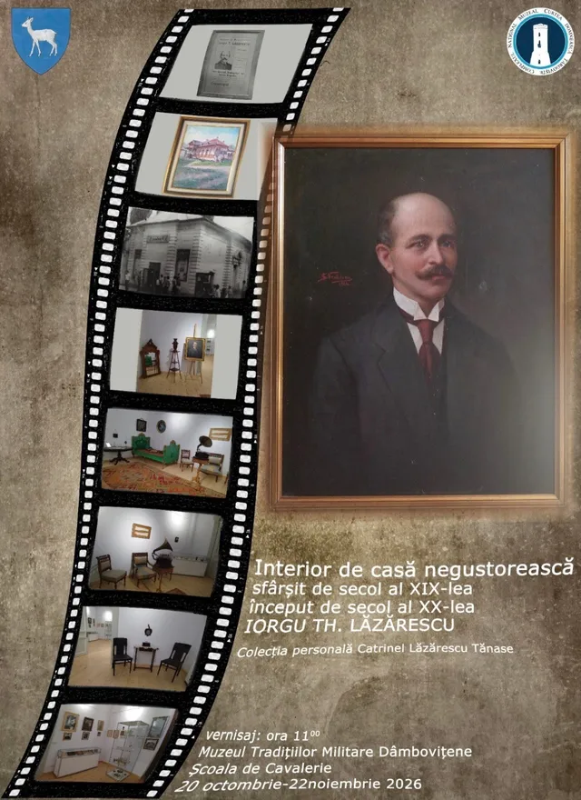 Un portret încadrat al unui bărbat cu mustață, alături de o peliculă de film conținând diverse fotografii de interior și exterior.