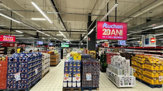 Un supermarket cu rafturi pline de produse ambalate, stivuite pe paleti și lămpi lungi suspendate de tavanul înalt al magazinului.