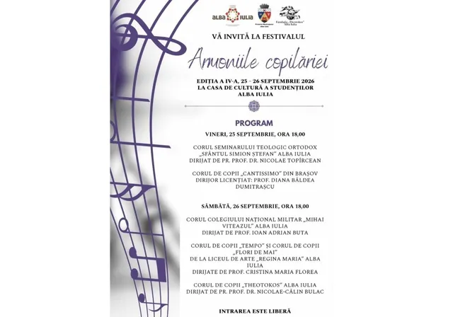 Un afiș alb cu note muzicale violet pe partea stângă și text despre un festival de copii.