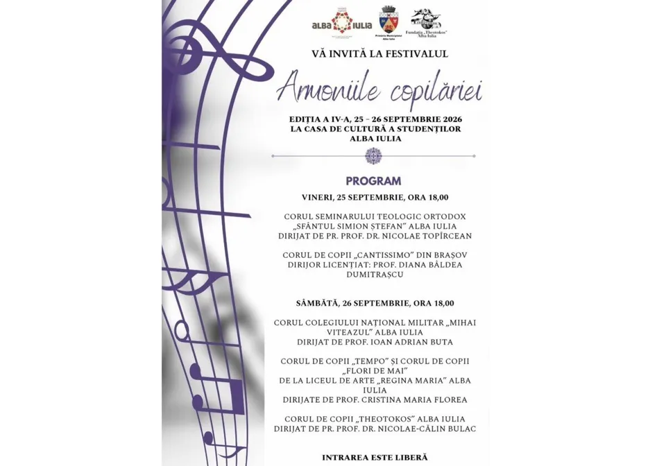 Un afiș alb cu note muzicale violet pe partea stângă și text despre un festival de copii.