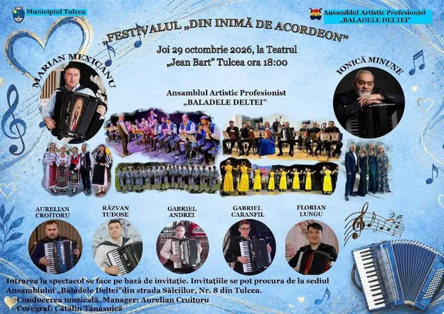 Un afiș albastru prezintă mai mulți artiști cu acordeon, grupuri de muzicieni și note muzicale pe un fundal decorat cu forme de inimi.