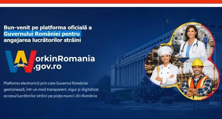 Imaginea prezintă logo-ul și numele platformei WorkinRomania.gov.ro, alături de textul "Bun-venit pe platforma oficială a Guvernului României pentru angajarea lucrătorilor străini". În dreapta sunt trei fotografii circulare cu persoane zâmbitoare, reprezentând un medic, un bucătar și un muncitor în construcții.
