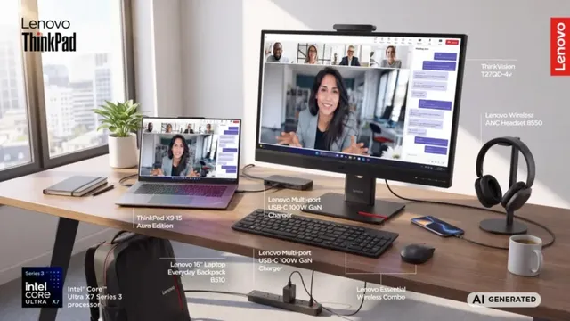 Un laptop deschis, un monitor mare, un tastatură, un mouse, un set de căști și un mug stau pe o masă de lemn lângă o fereastră.