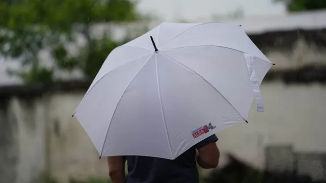 O persoană cu o cămașă închisă poartă un umbrelă albă sub ploaie în fața unui fundal cu vegetație și un perete alb.