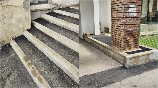 Două fotografii prezintă trepte exterioare late cu suprafețe înnegrite și margini de beton gri, alături de un stâlp din cărămidă roșie.