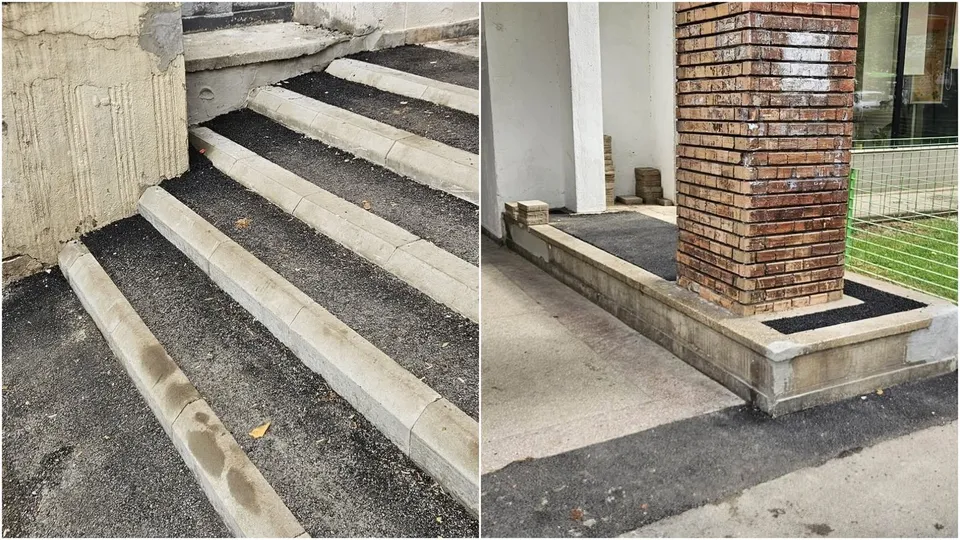 Două fotografii prezintă trepte exterioare late cu suprafețe înnegrite și margini de beton gri, alături de un stâlp din cărămidă roșie.