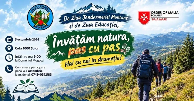Oamenii cu rucsacuri și bețe de drumeție merg pe un drum de munte printre copaci sub un cer înconjurat de munți.