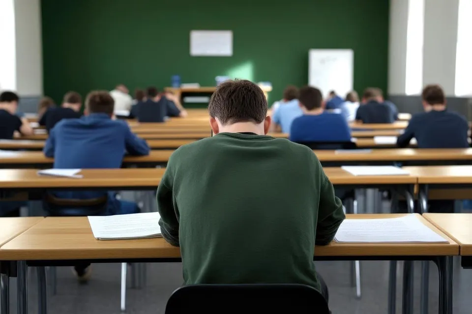 Imaginea prezintă o sală de clasă cu elevi așezați la bănci, văzuți din spate, cu un elev în prim-plan, având o foaie pe bancă.