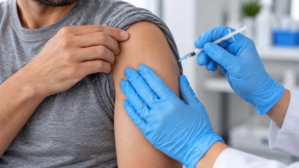 O persoană cu mâneca tricoului ridicată primește o injecție în braț de la o persoană care poartă mănuși de protecție albastre.