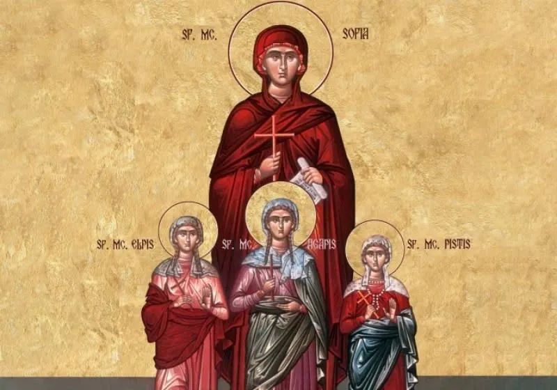 O icoană pictată pe fundal auriu prezintă patru figuri feminine cu aureole, purtând haine roșii și albastre, într-o compoziție verticală.