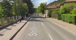O stradă asfaltată cu marcaje albe pe carosabil, delimitată de trotuare, garduri și vegetație abundentă pe ambele părți.