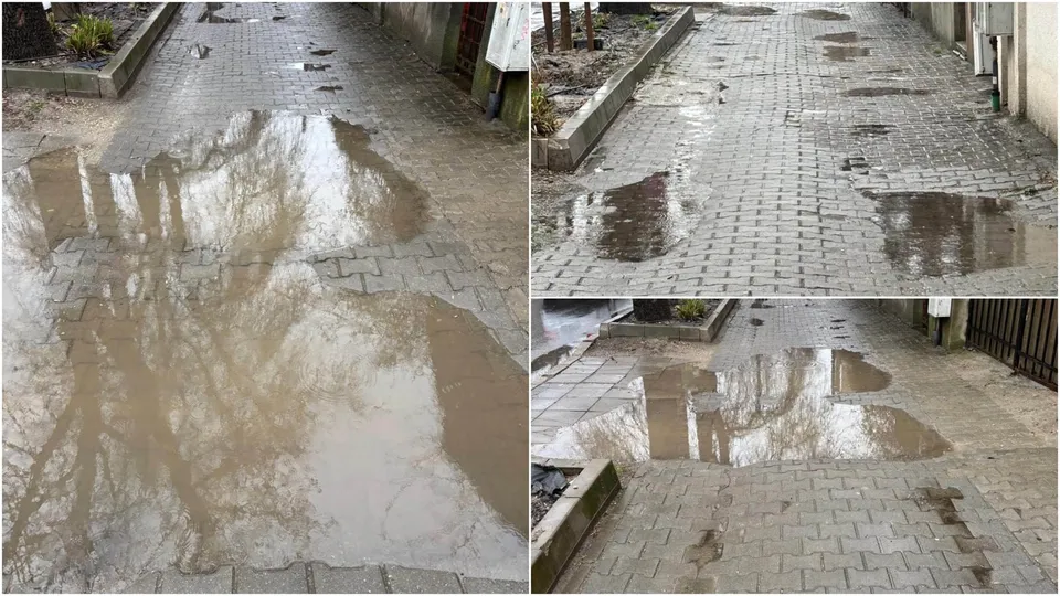 Trei fotografii prezintă un trotuar pavat cu pietre dreptunghiuale, având mai multe bălți de apă murdară și gropi în suprafață.