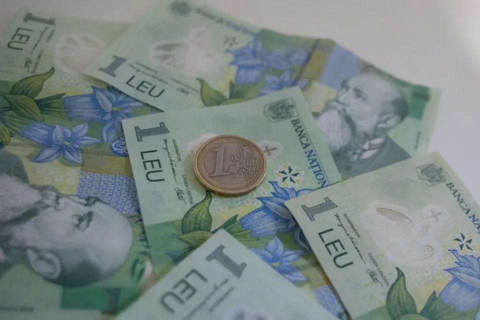 Mai multe bancnote de un leu și o monedă sunt întinse pe o suprafață albă.