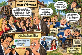O caricatură colorată prezintă mai mulți bărbați în costume și femei în rochii, înconjurați de bulbuci de text cu scrieri pe un fundal rural.