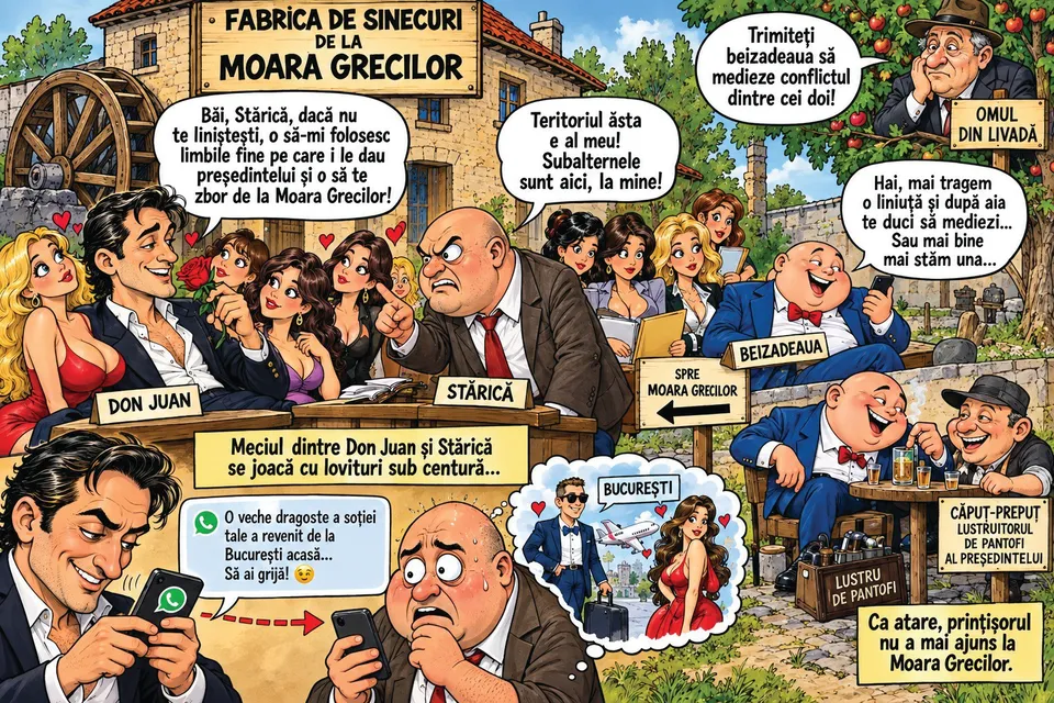O caricatură colorată prezintă mai mulți bărbați în costume și femei în rochii, înconjurați de bulbuci de text cu scrieri pe un fundal rural.