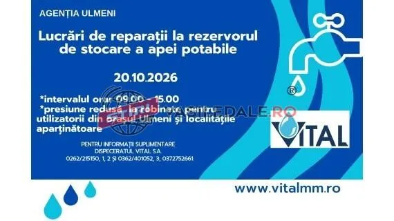 Un afiș albastru conține text alb, un simbol de robinet cu o picătură de apă și un logo cu textul VITAL.