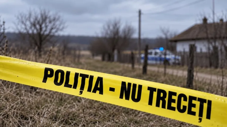 O bandă galbenă de poliție cu textul negru este întinsă pe un câmp uscat, având un vehicul și copaci în fundalul neclar.