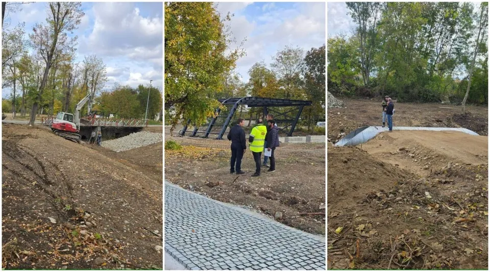 Trei fotografii suprapuse arată un șantier cu utilaje, un grup de persoane lângă o structură metalică și un teren de pământ cu un material alb.