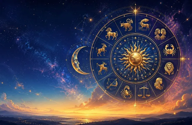 O ilustrație cosmică cu un zodiac circular aurit, Soarele, Luna crescentă și un peisaj stelat la apus.