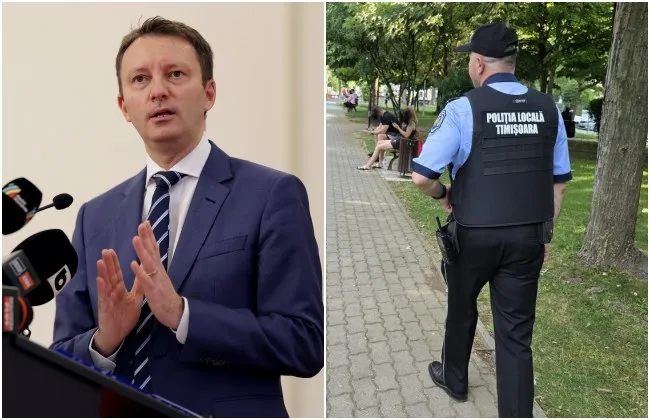 Imagine compusă cu un bărbat într-un costum albastru vorbind la microfoane și un polițist local văzut din spate pe un trotuar.