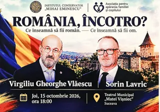 Un afiș prezintă portretele a doi bărbați în costume, un steag, un castel și textul conferinței despre identitatea națională.