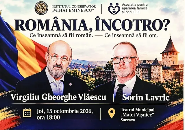Un afiș prezintă portretele a doi bărbați în costume, un steag, un castel și textul conferinței despre identitatea națională.