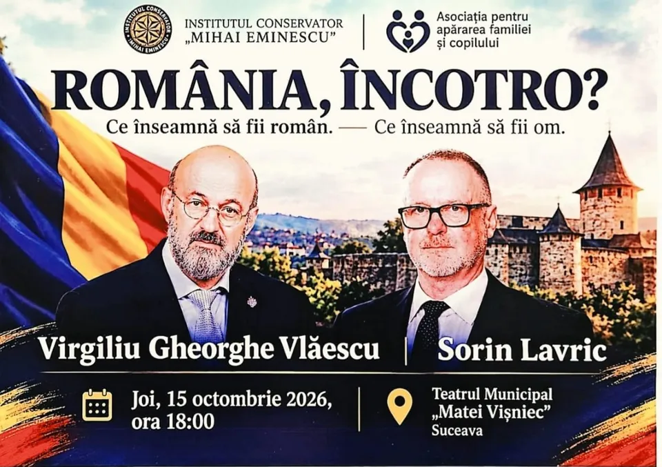 Un afiș prezintă portretele a doi bărbați în costume, un steag, un castel și textul conferinței despre identitatea națională.