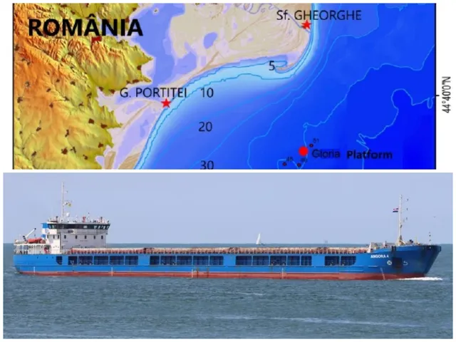 Un vas de mare cu borduri albastre și parte superioară albă navighează pe o suprafață de apă sub un cer senin.