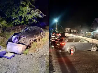 Imagine compusă cu două fotografii de noapte arătând două autoturisme avariate pe marginea unui drum, lângă vegetație și resturi.