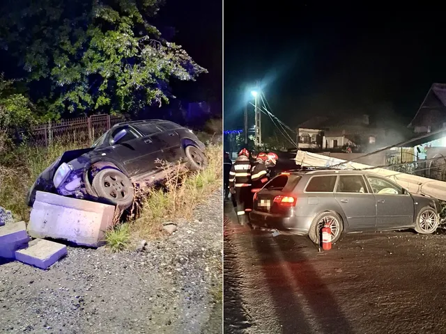 Imagine compusă cu două fotografii de noapte arătând două autoturisme avariate pe marginea unui drum, lângă vegetație și resturi.