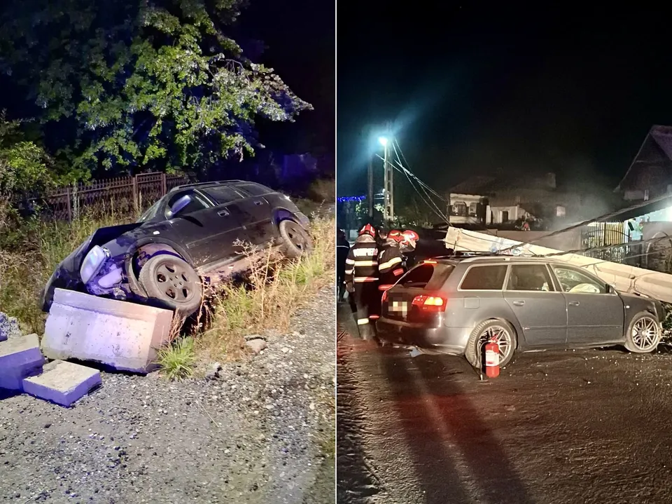 Imagine compusă cu două fotografii de noapte arătând două autoturisme avariate pe marginea unui drum, lângă vegetație și resturi.