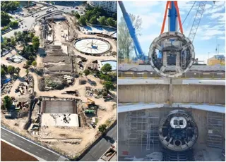 Imagine compusă dintr-o vedere aeriană a unui șantier cu excavări și o imagine cu un utilaj de tunelare circular suspendat de o macara.