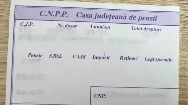 Un document tipărit cu textul C.N.P.P. Casa județeană de pensii prezintă rubrici precum pensie, CASS, impozit și rețineri pe un fundal alb cu linii albastre.