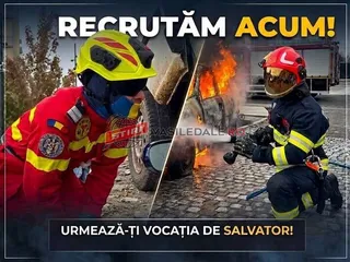 Imaginea prezintă doi pompieri în echipament de protecție, unul lângă un vehicul avariat, celălalt stingând un incendiu la un vehicul, cu textul "RECRUTĂM ACUM! URMEAZĂ-ȚI VOCAȚIA DE SALVATOR!"