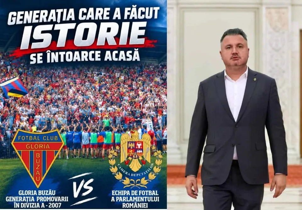 Un bărbat într-un costum închis la culoare și cămașă albă stă în fața unui fundal alb, lângă un afiș care prezintă o mulțime de oameni pe un stadion.