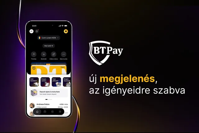 Un smartphone afișează o interfață de aplicație mobilă pe un fundal negru cu text și un logo alb lângă dispozitiv.