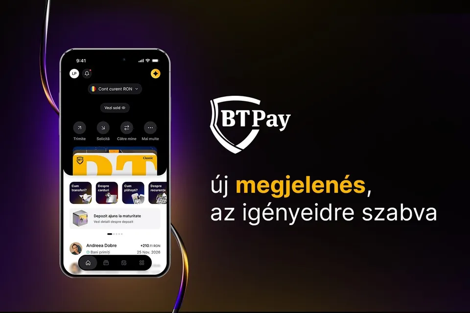 Un smartphone afișează o interfață de aplicație mobilă pe un fundal negru cu text și un logo alb lângă dispozitiv.