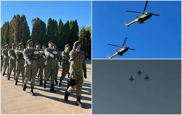 Soldați în uniforme de camuflaj merg pe o platformă pavată, în timp ce două elicoptere și trei avioane zboară pe un cer senin.
