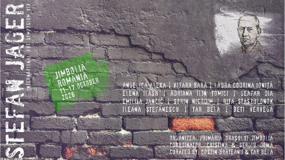 Un afiș pe un fundal de zidărie de cărămidă prezintă un portret de bărbat, text și un element verde cu detalii despre un eveniment.