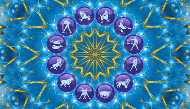 O ilustrație simbolică circulară cu fundal albastru și cele 12 semne ale zodiacului reprezentate ca pictograme albe în cercuri mov.